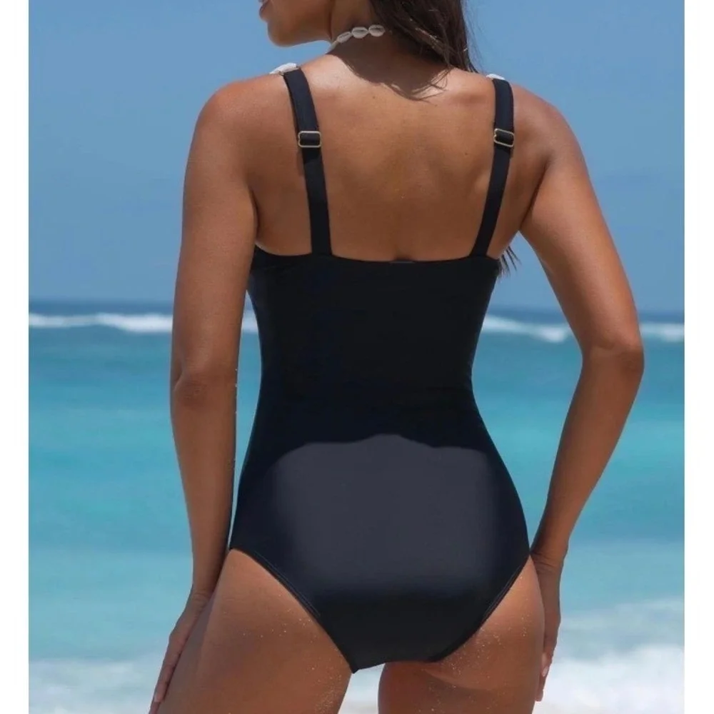 NWT Popvil Women One Piece Tummy Control Black White Ruched‎ Waist Swimsuit XL